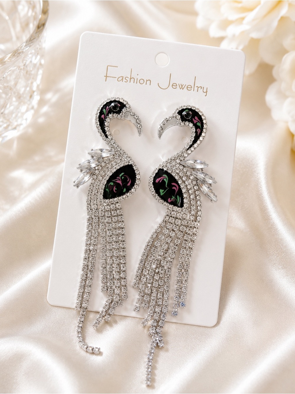 Natasha Couture Black and Silver Peacock Drop Earrings